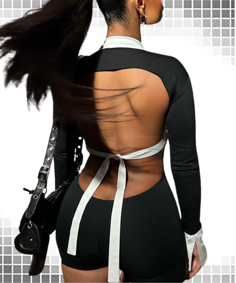 Lapel hollow back contrast jumpsuit