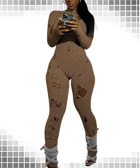 ripped detail lace-up knitted jumpsuit