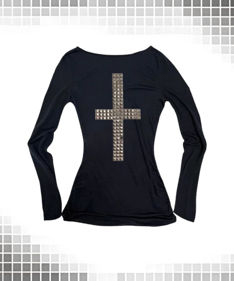Cross rhinestone long-sleeved T-shirt