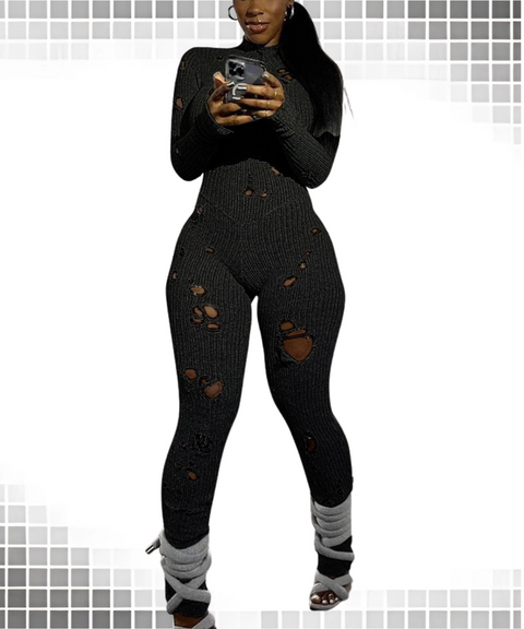 ripped detail lace-up knitted jumpsuit