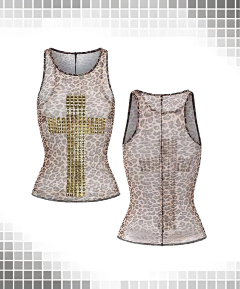 Cross Rhinestone Leopard Print Mesh Vest