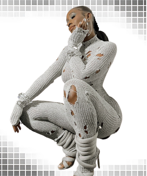 ripped detail lace-up knitted jumpsuit