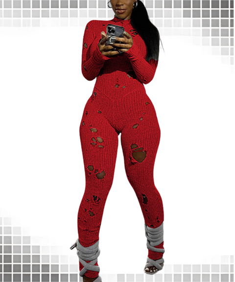 ripped detail lace-up knitted jumpsuit