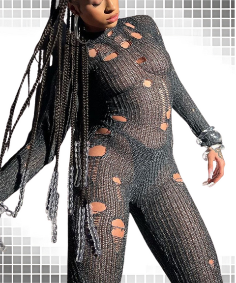 ripped detail lace-up knitted jumpsuit