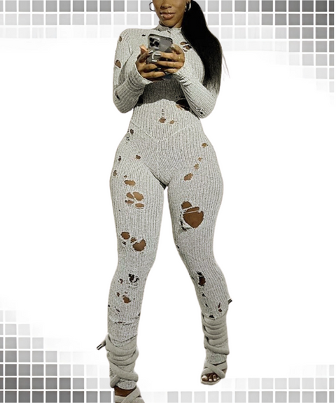 ripped detail lace-up knitted jumpsuit