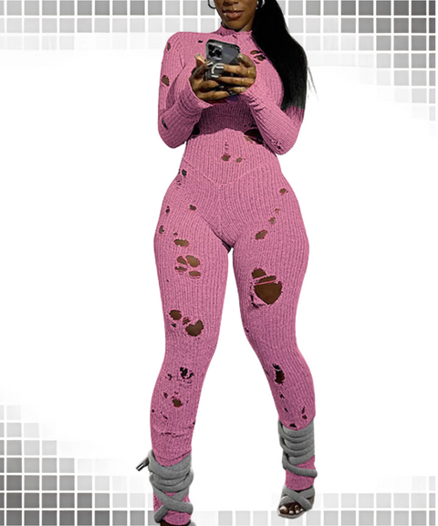 ripped detail lace-up knitted jumpsuit