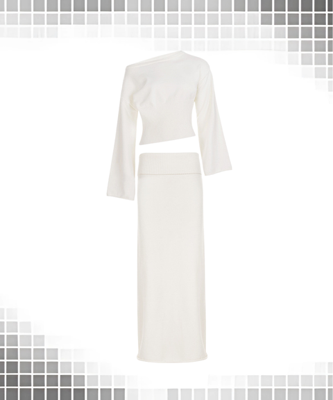 Boat neck wool top & wool skirt two-piece set