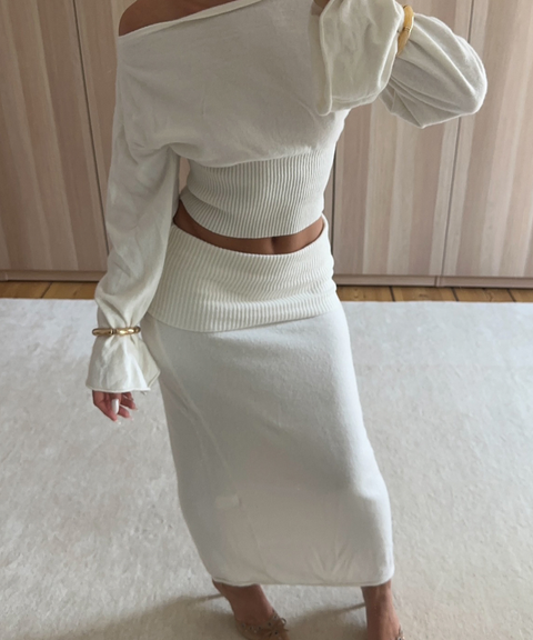 Boat neck wool top & wool skirt two-piece set