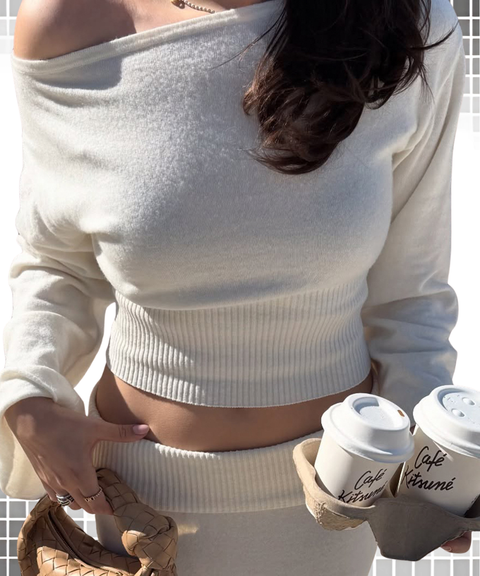 Boat neck wool top & wool skirt two-piece set