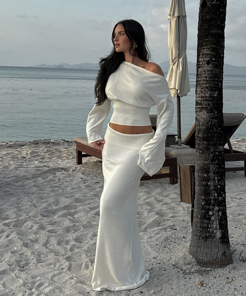 Boat neck wool top & wool skirt two-piece set