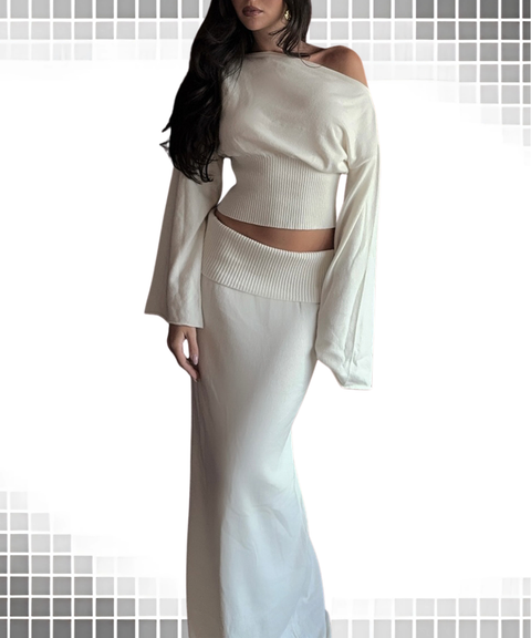 Boat neck wool top & wool skirt two-piece set