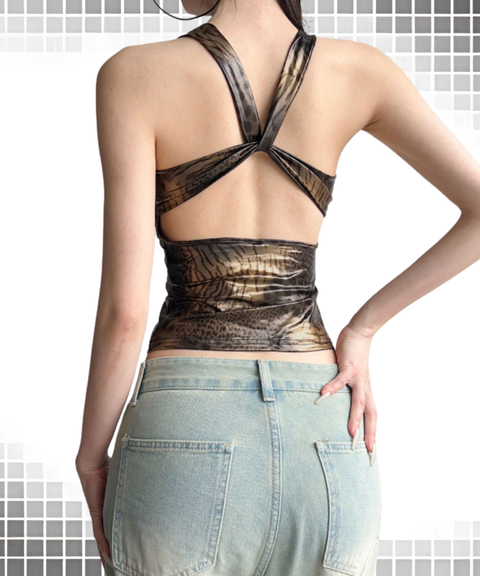 Retro Leopard Print Cross Hollow V-Neck Slim Vest
