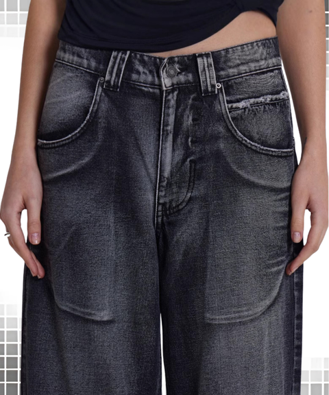 Washed and distressed gradient wings print vintage loose wide-leg jeans