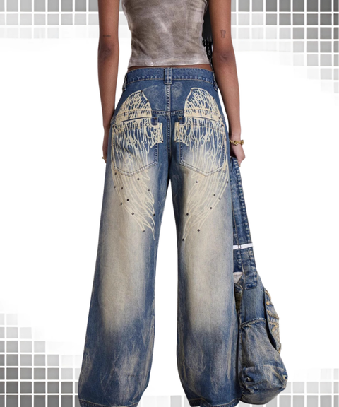 Washed and distressed gradient wings print vintage loose wide-leg jeans