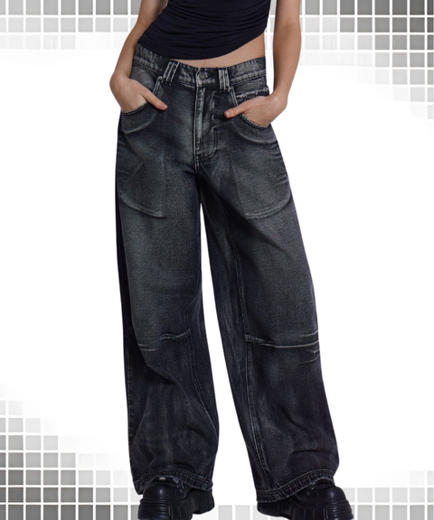 Washed and distressed gradient wings print vintage loose wide-leg jeans