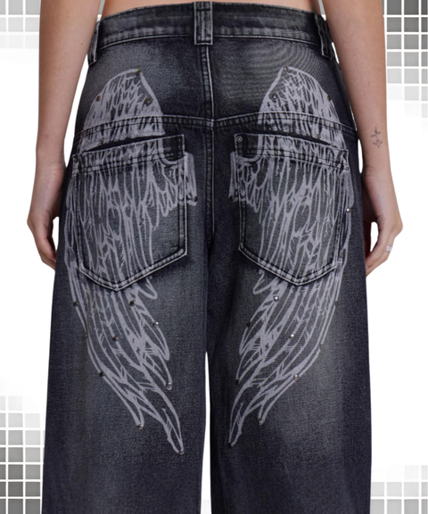Washed and distressed gradient wings print vintage loose wide-leg jeans