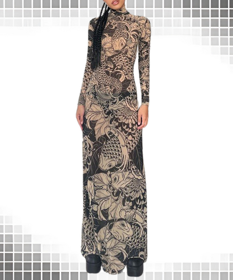Printed Mesh High-Waisted Dress