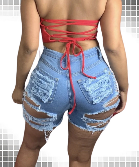 Ripped Elastic Torn Denim Shorts Shorts