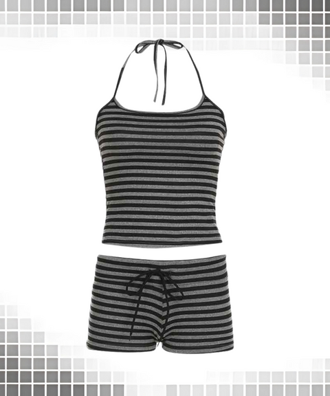 Striped Suspenders Low Waist Shorts Two-piece Set