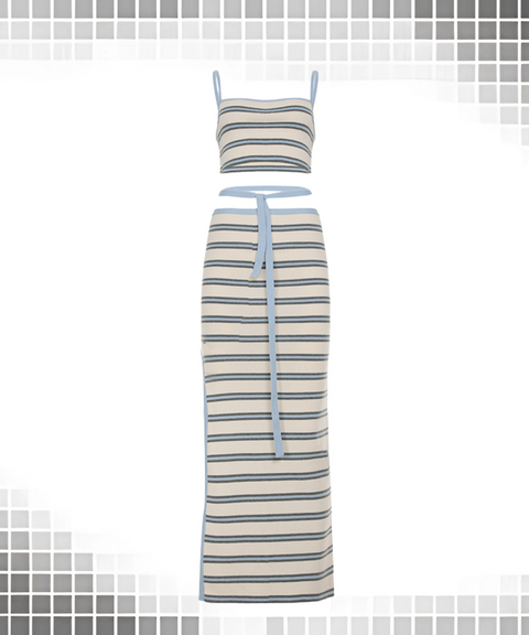 Striped Short Suspender Top And High-Waisted Lace Skirt Two-Piece Set