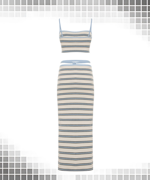 Striped Short Suspender Top And High-Waisted Lace Skirt Two-Piece Set