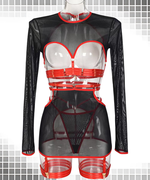 Sexy strappy long-sleeved top with leg rings five-piece set