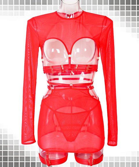 Sexy strappy long-sleeved top with leg rings five-piece set