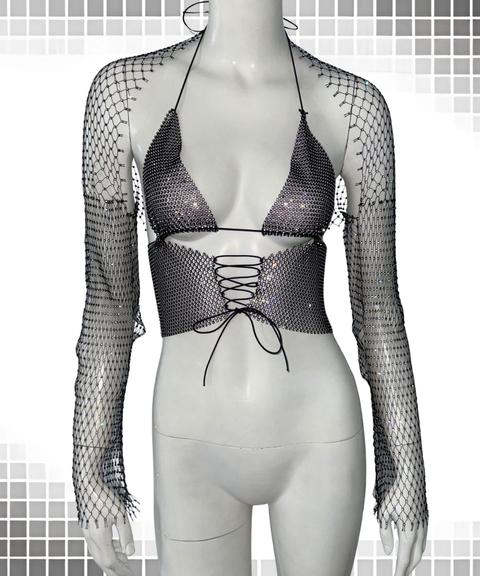 Sexy fishnet rhinestone camisole top