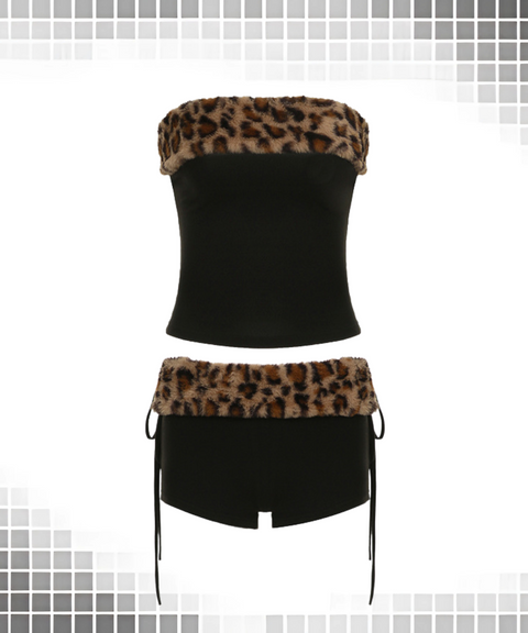 Short Plush Leopard Patchwork Top And Shorts Set