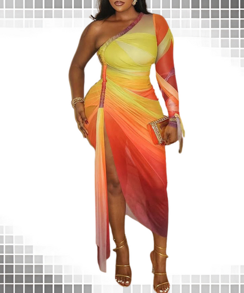 Slit Oblique Neck One-Shoulder Dress