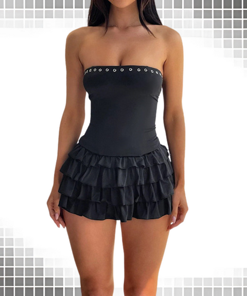 Metal Hole Lotus Leaf Lace Dress