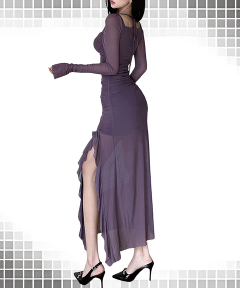 Mesh Long-sleeved Square Neck Dress