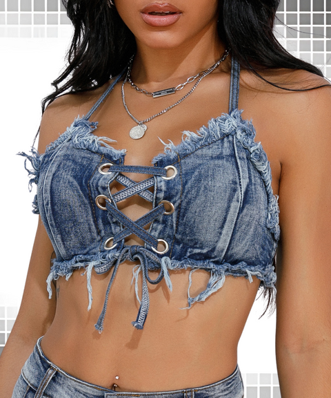 High Waist Distressed Denim Dress Top Set