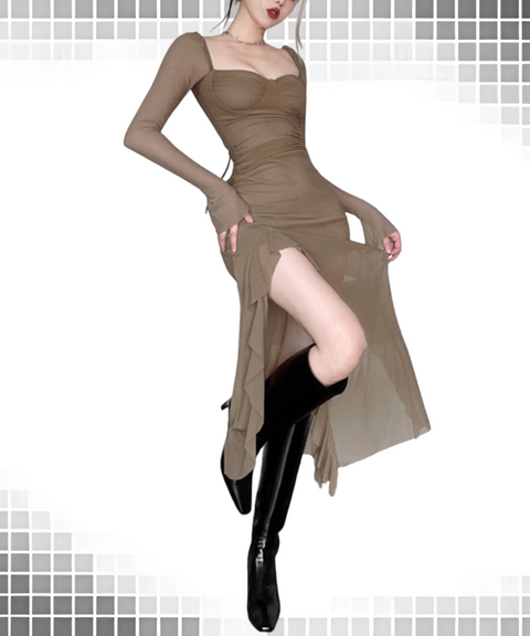 Mesh Long-sleeved Square Neck Dress
