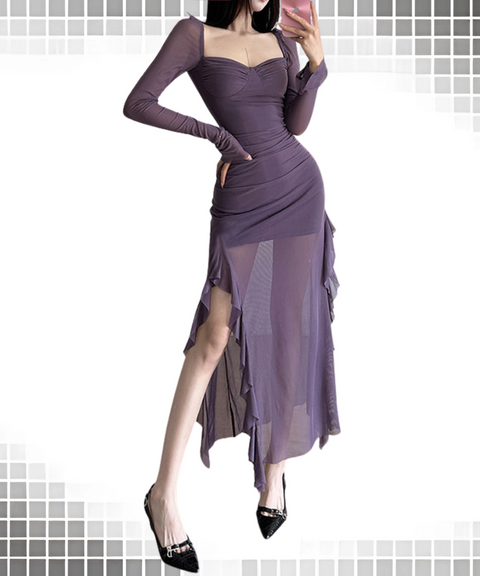 Mesh Long-sleeved Square Neck Dress