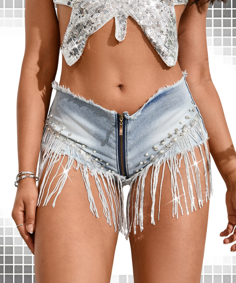 Fringed Stretch Denim Shorts