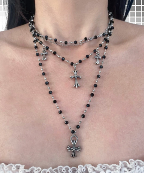 Cross Pendant Black Bead Necklace