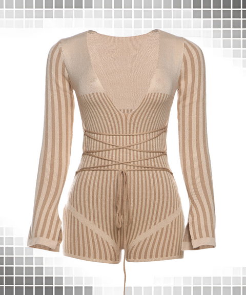 Deep V-Neck Striped High-Waisted Jumpsuit