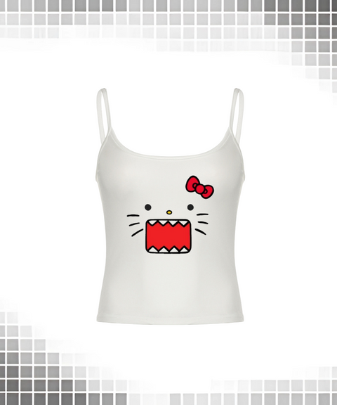 Cat and Bow Print Off-Shoulder Square Neck Vest
