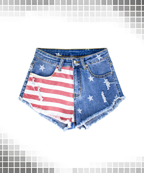 Printed Denim Shorts