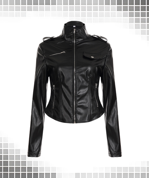Slim-fit long-sleeved leather jacket