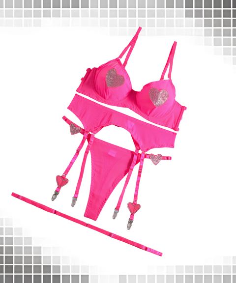 Women's Sexy Clothing, Mesh sexy heart-shaped rhinestone lingerie 3-piece set, Nightout, OOTD