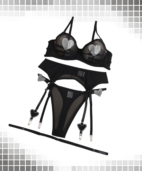Women's Sexy Clothing, Mesh sexy heart-shaped rhinestone lingerie 3-piece set, Nightout, OOTD