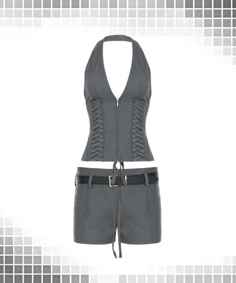 Hanging Neck Zipper Vest and Shorts