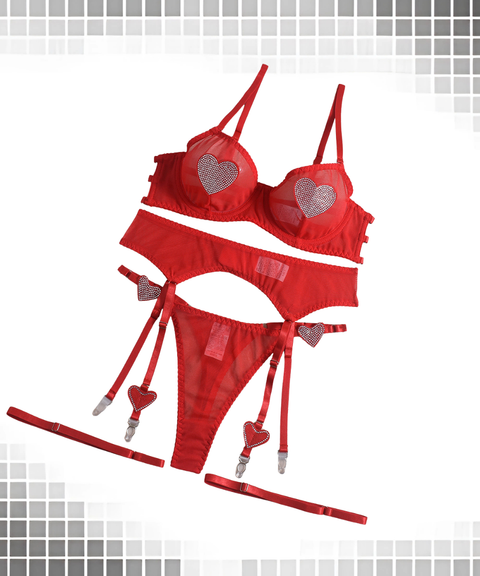 Women's Sexy Clothing, Mesh sexy heart-shaped rhinestone lingerie 3-piece set, Nightout, OOTD