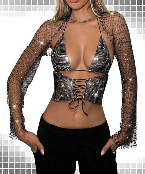 Sexy fishnet rhinestone camisole top