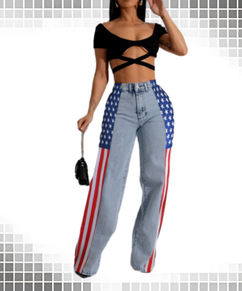 American Flag Print Stretch Wide-Leg Casual High-Waist Straight Jeans