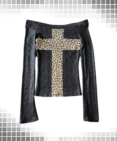 Sexy Leopard Cross Print Off-Shoulder Slim-Fit Long Sleeve T-Shirt