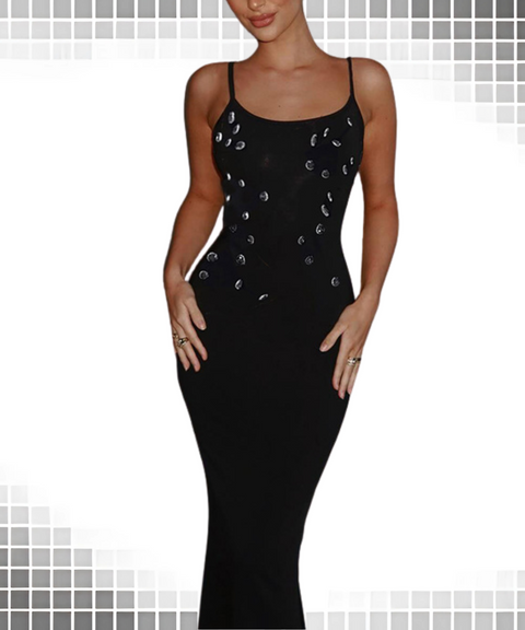 Solid Color Rhinestone Embellished Water Drop Decoration Spaghetti Strap Dress