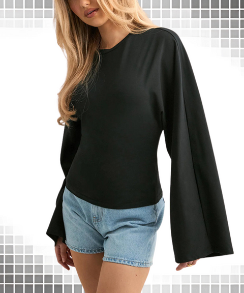 Leisure Casual Long Sleeve Solid Color Waist-Defined T-Shirt